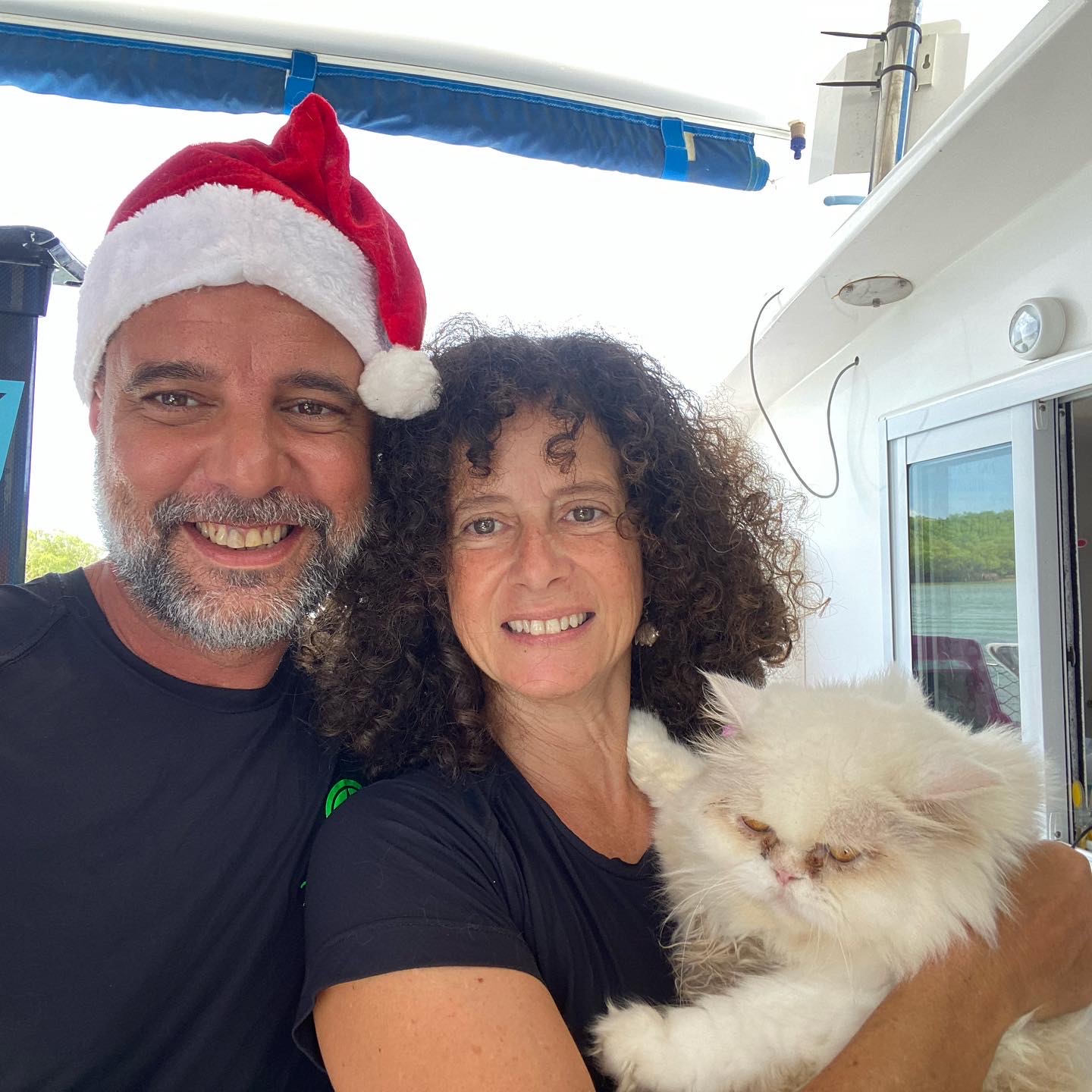 Casal vive com seus gatos em veleiro-catamarã
