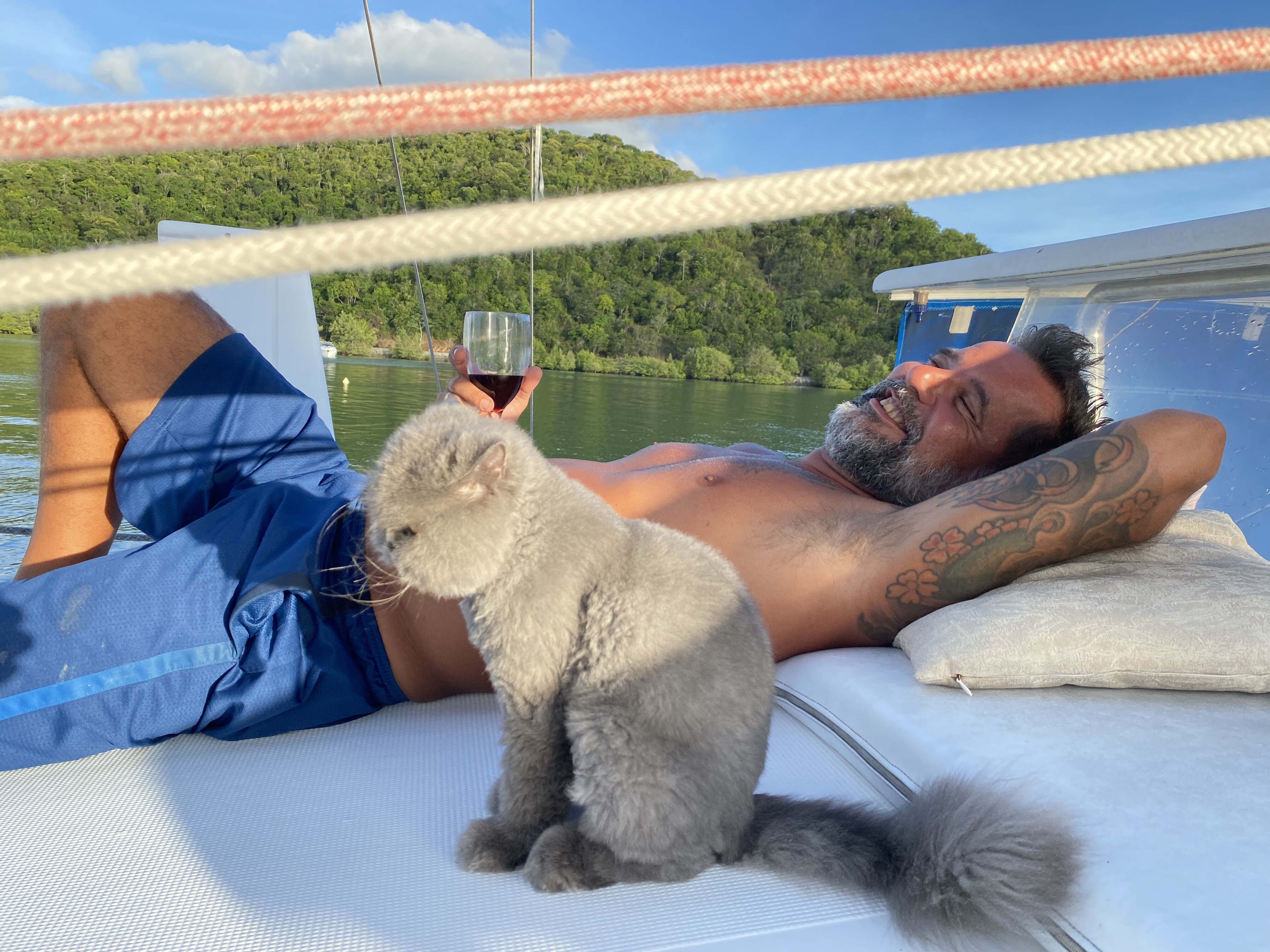 Casal vive com seus gatos em veleiro-catamarã