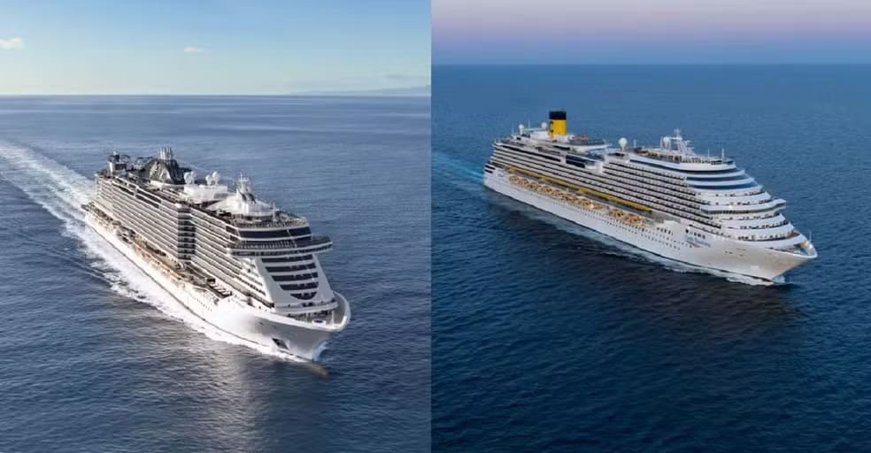 Imagem lado a lado de dois navios de cruzeiro em alto-mar. À esquerda, o MSC Seaview, e à direita, o Costa Diadema — embarcações contratadas como hospedagem temporária para a COP 30 em Belém.