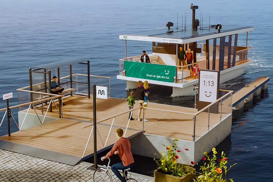 Táxi aquático autônomo atracando em píer urbano com passageiros embarcando em plataforma acessível