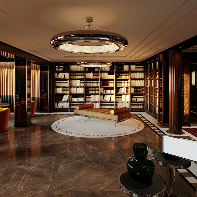 Biblioteca do Orient Express Corinthian com estantes iluminadas, poltrona central e decoração inspirada no estilo Art Déco.