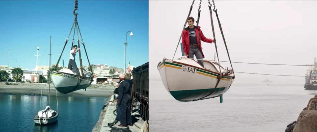 Comparação entre a imagem real de Amyr Klink e a recriação da cena no filme 100 Dias.