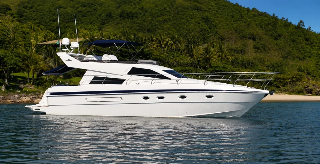 Intermarine 440 Full navegando próxima a uma praia.