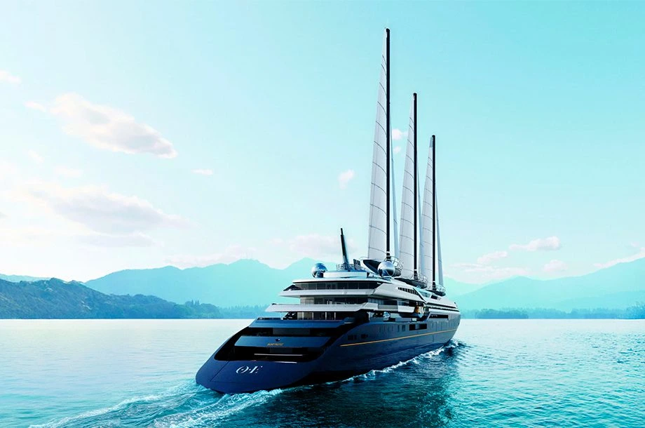 Maior iate à vela do mundo, o Orient Express Corinthian navega com seus três mastros equipados com velas rígidas automatizadas.