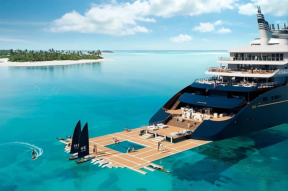 Área externa na popa do Orient Express Corinthian com marina privativa, piscina e acesso para esportes aquáticos.