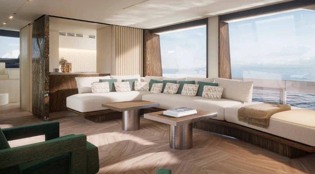 Interior da Azimut 25 Metri com salão principal, grandes janelas panorâmicas e design que integra os ambientes ao mar.