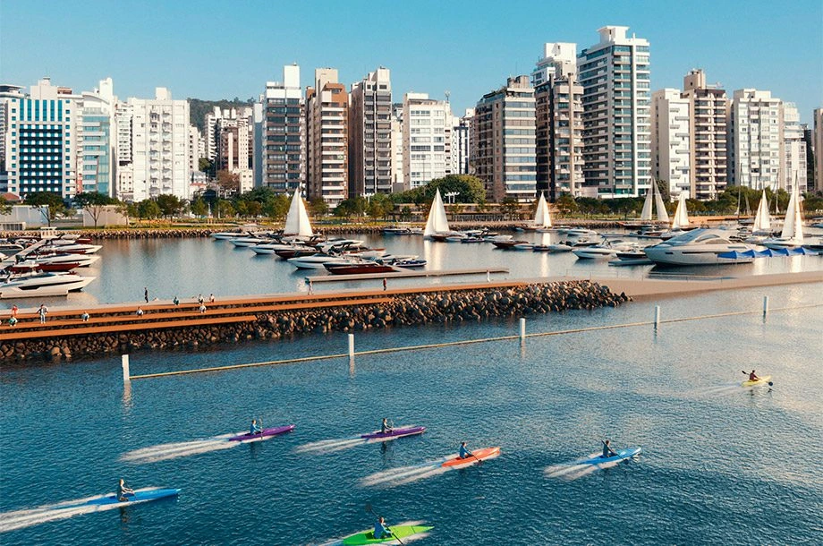Projeção da marina do Parque Urbano Beira-Mar Norte com embarcações