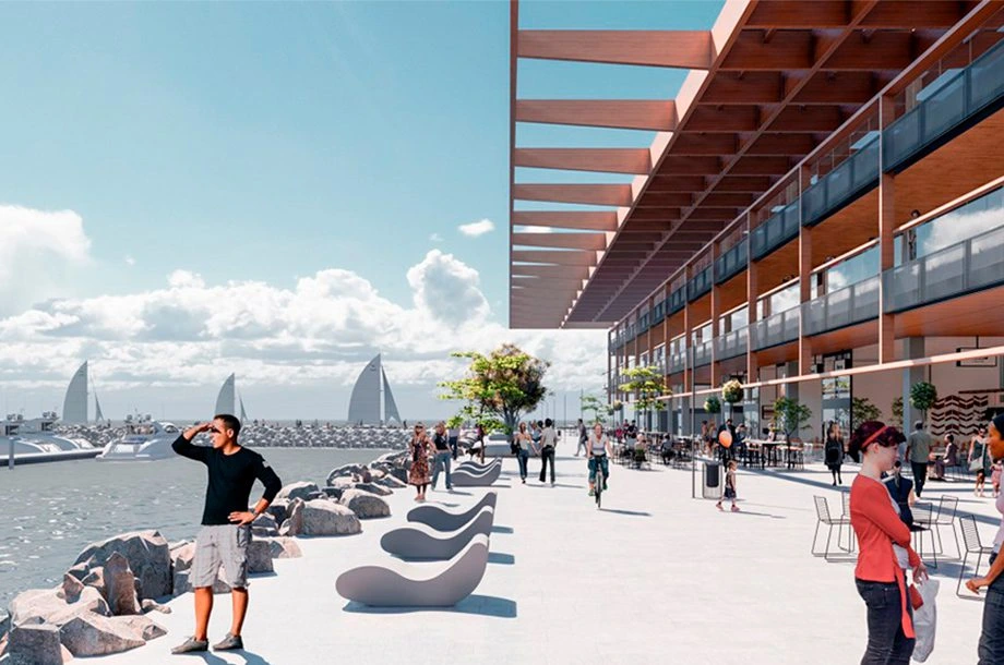 Espaço de convivência à beira-mar no projeto de Florianópolis