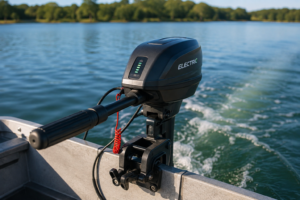 Motor de popa elétrico para barco em funcionamento durante navegação.