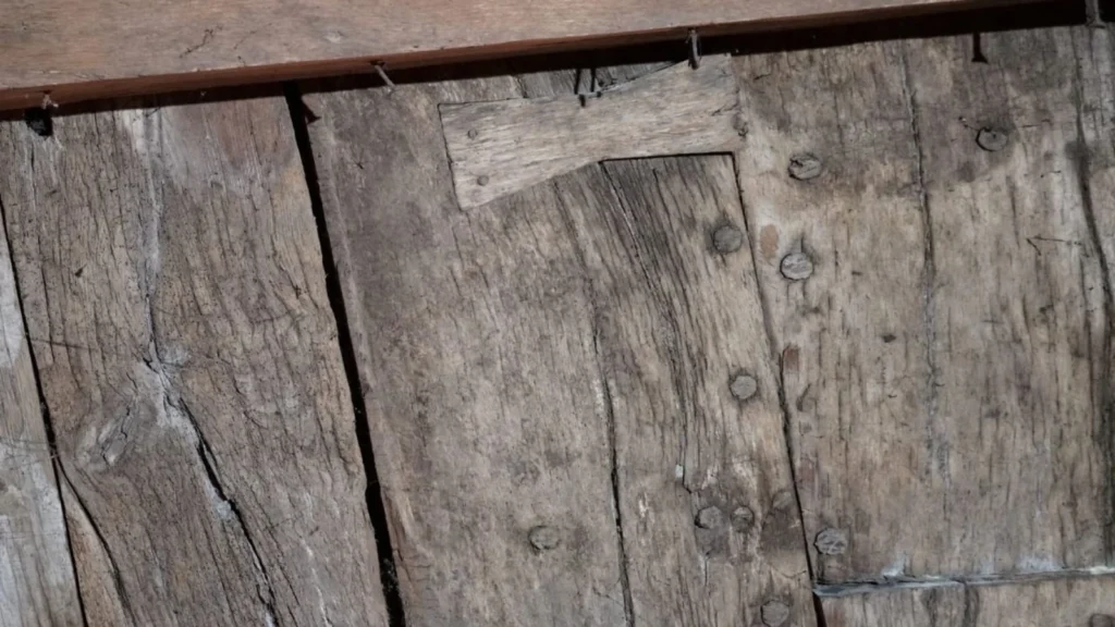 Tábuas do casco de um navio medieval reaproveitadas no teto de um porão em Constança, na Alemanha.